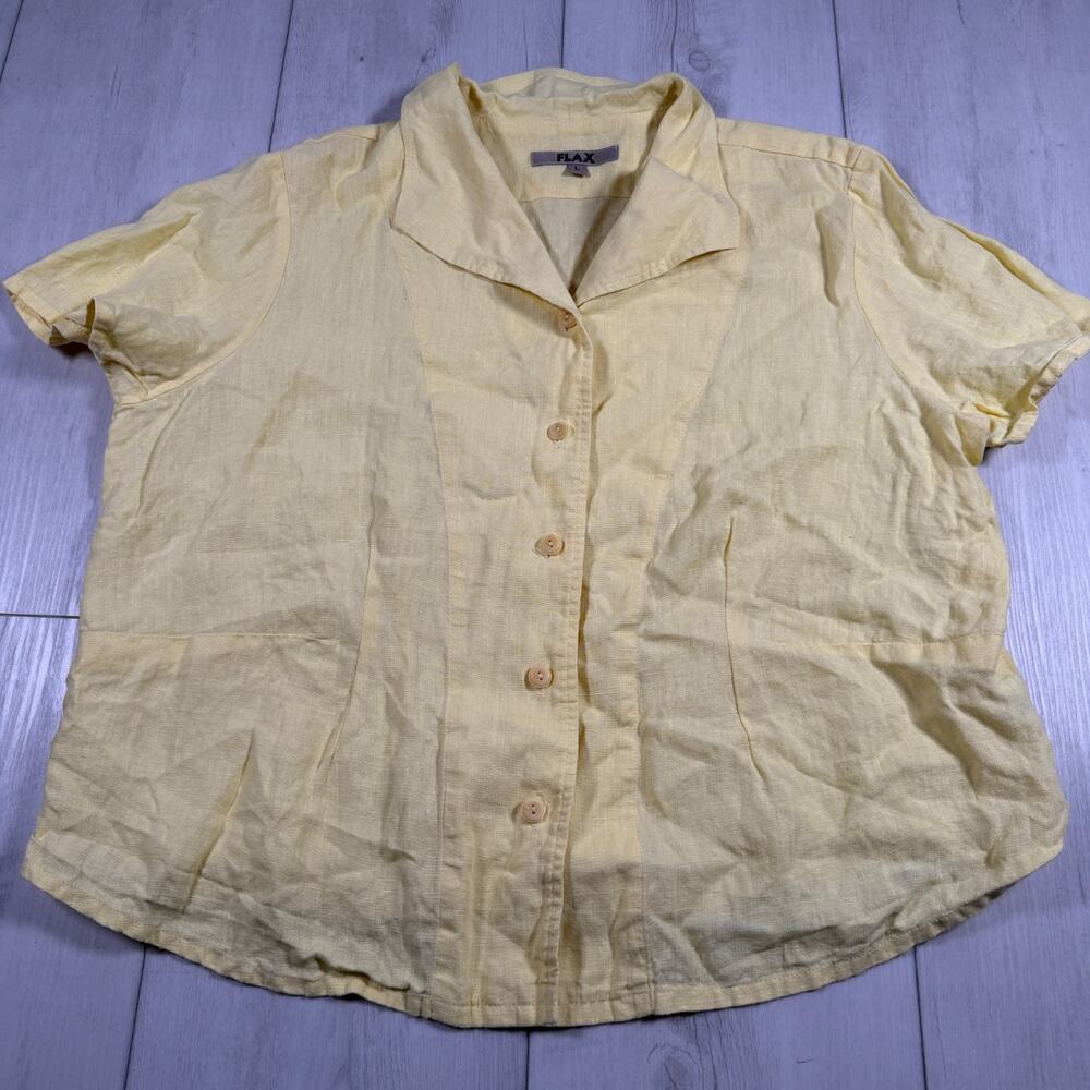 FLAX Jeanne Engelhart 100% Linen Button Front Shirt Yellow Size Large